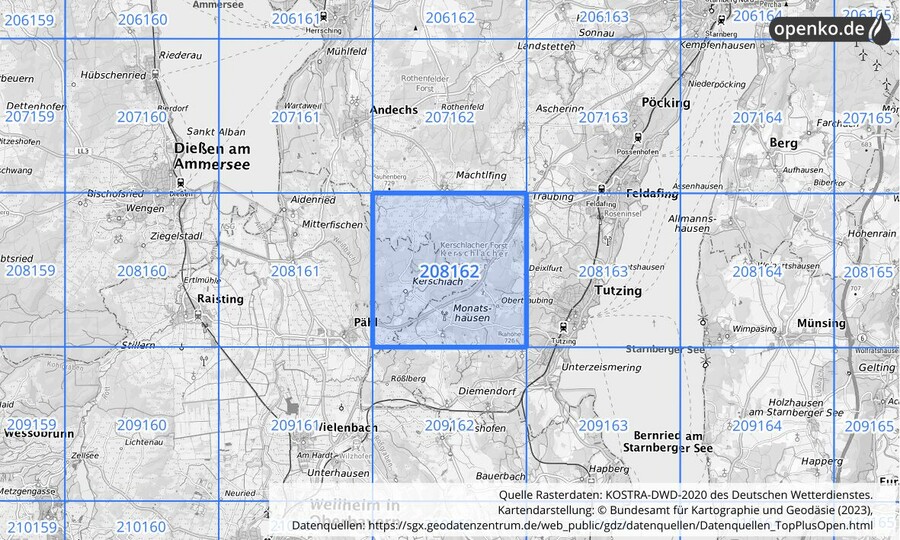 Übersichtskarte des KOSTRA-DWD-2020-Rasterfeldes Nr. 208162