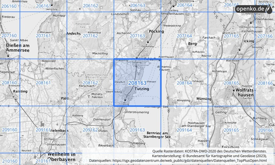 Übersichtskarte des KOSTRA-DWD-2020-Rasterfeldes Nr. 208163