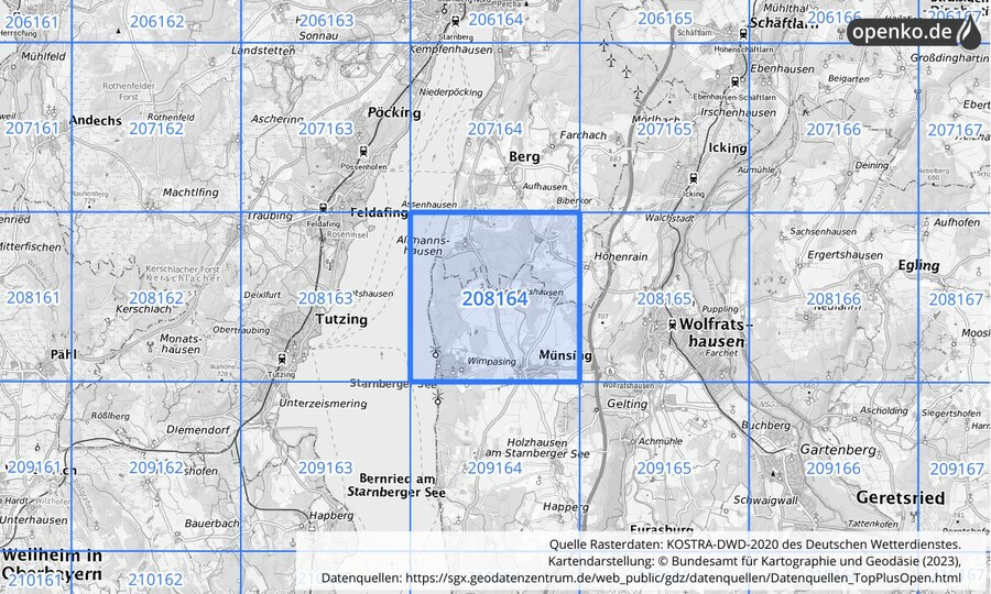 Übersichtskarte des KOSTRA-DWD-2020-Rasterfeldes Nr. 208164