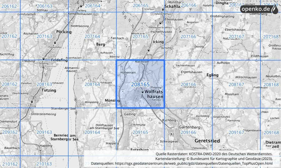 Übersichtskarte des KOSTRA-DWD-2020-Rasterfeldes Nr. 208165