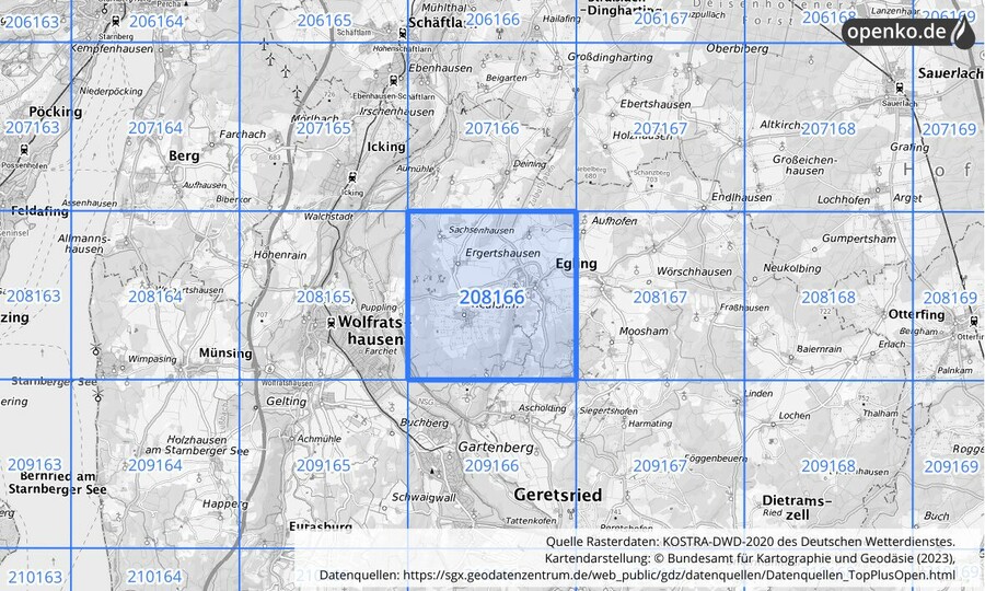 Übersichtskarte des KOSTRA-DWD-2020-Rasterfeldes Nr. 208166