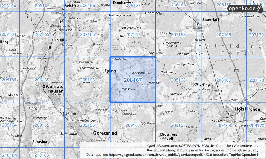 Übersichtskarte des KOSTRA-DWD-2020-Rasterfeldes Nr. 208167