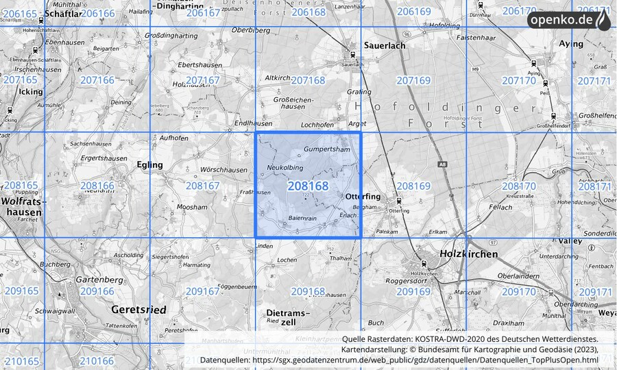 Übersichtskarte des KOSTRA-DWD-2020-Rasterfeldes Nr. 208168