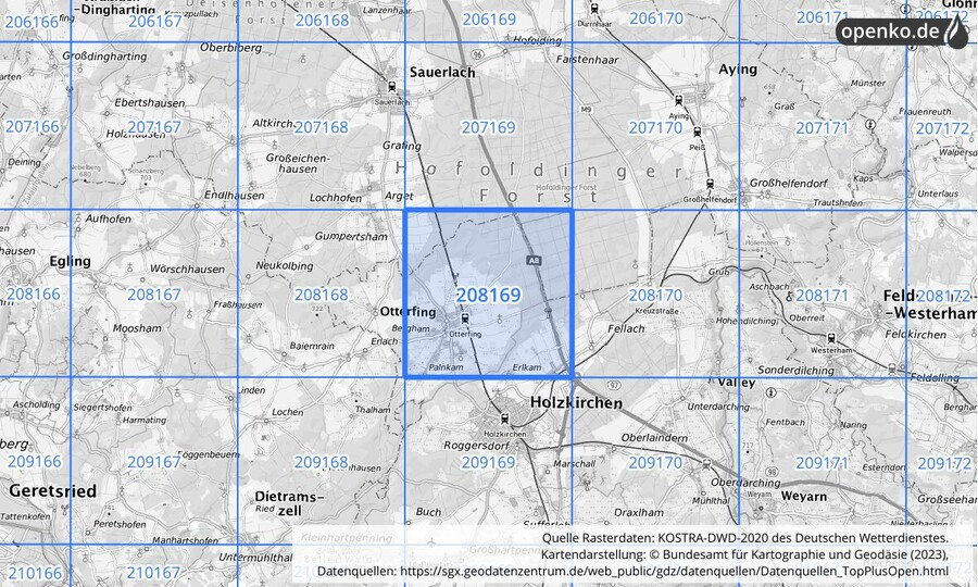 Übersichtskarte des KOSTRA-DWD-2020-Rasterfeldes Nr. 208169