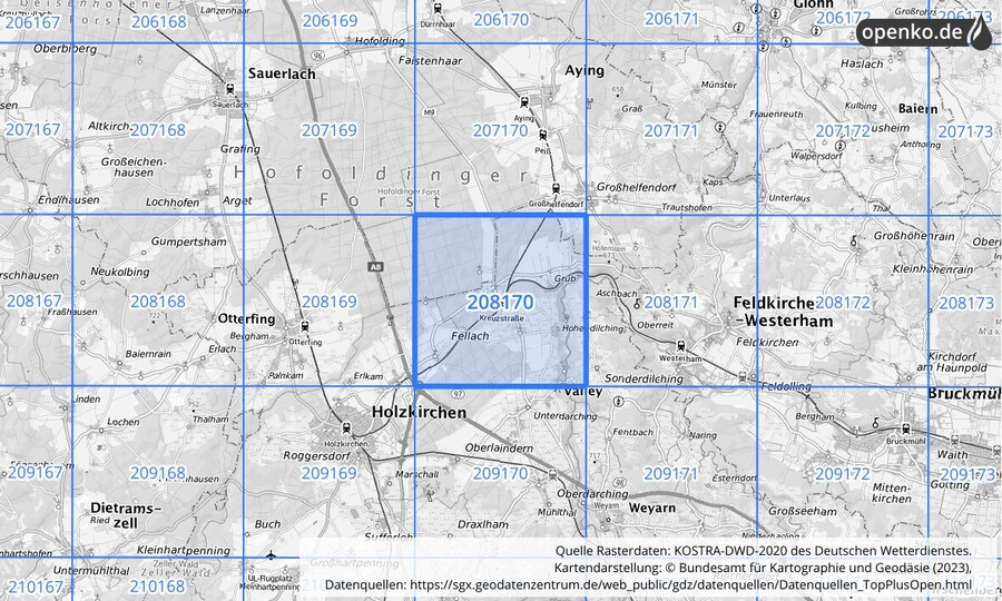 Übersichtskarte des KOSTRA-DWD-2020-Rasterfeldes Nr. 208170
