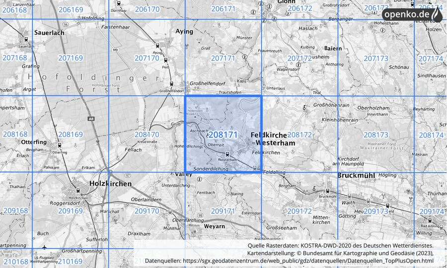 Übersichtskarte des KOSTRA-DWD-2020-Rasterfeldes Nr. 208171