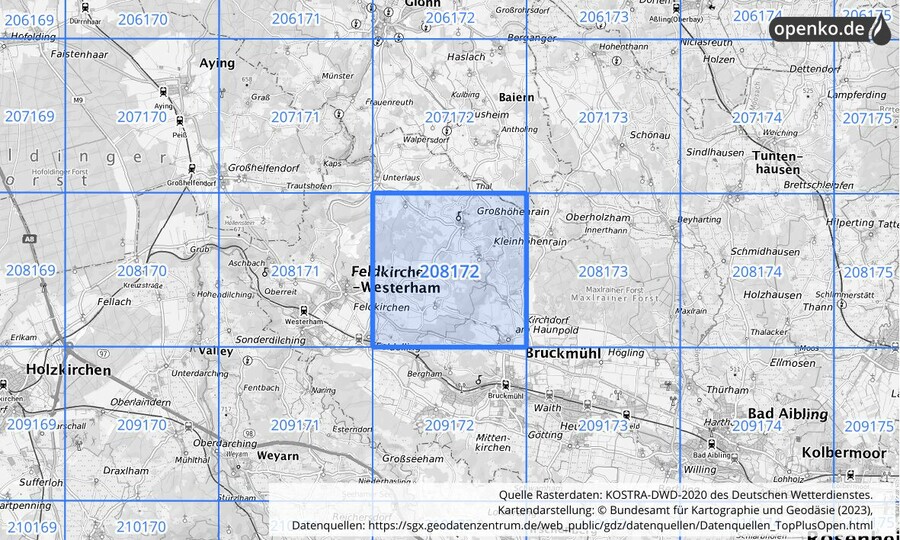 Übersichtskarte des KOSTRA-DWD-2020-Rasterfeldes Nr. 208172