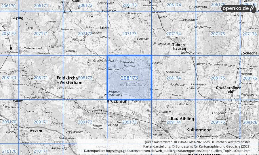 Übersichtskarte des KOSTRA-DWD-2020-Rasterfeldes Nr. 208173