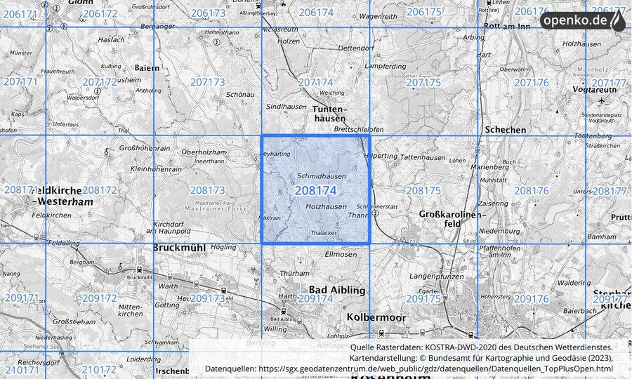 Übersichtskarte des KOSTRA-DWD-2020-Rasterfeldes Nr. 208174
