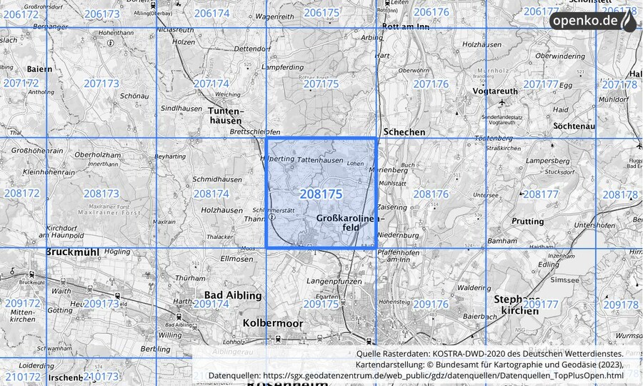 Übersichtskarte des KOSTRA-DWD-2020-Rasterfeldes Nr. 208175