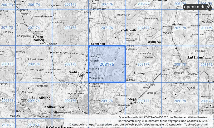 Übersichtskarte des KOSTRA-DWD-2020-Rasterfeldes Nr. 208176