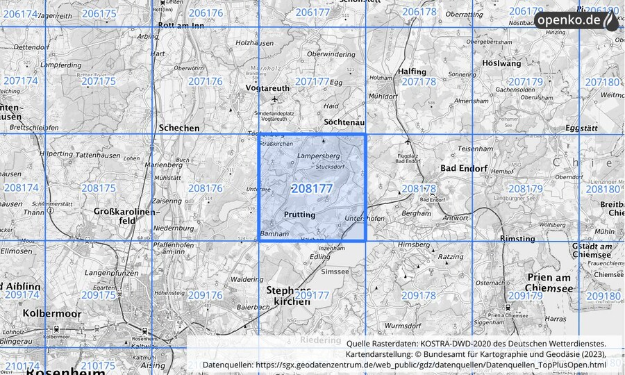 Übersichtskarte des KOSTRA-DWD-2020-Rasterfeldes Nr. 208177