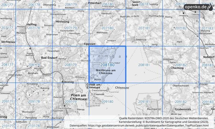 Übersichtskarte des KOSTRA-DWD-2020-Rasterfeldes Nr. 208180