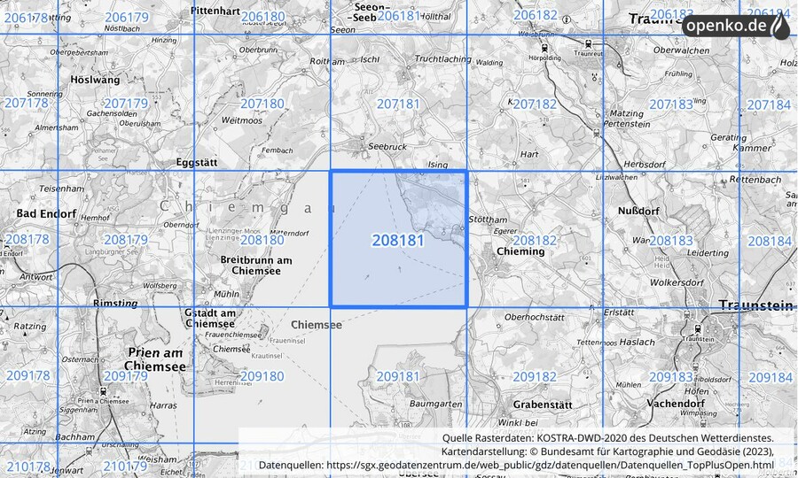 Übersichtskarte des KOSTRA-DWD-2020-Rasterfeldes Nr. 208181