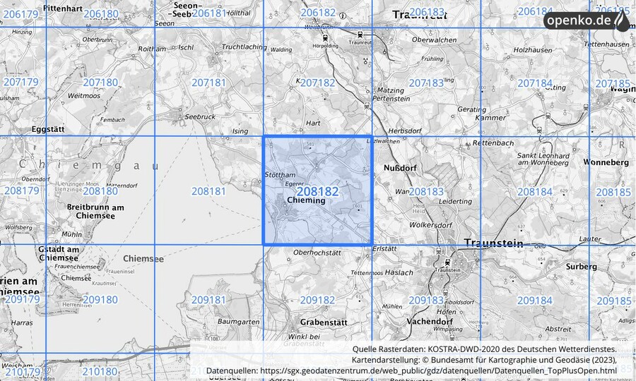 Übersichtskarte des KOSTRA-DWD-2020-Rasterfeldes Nr. 208182