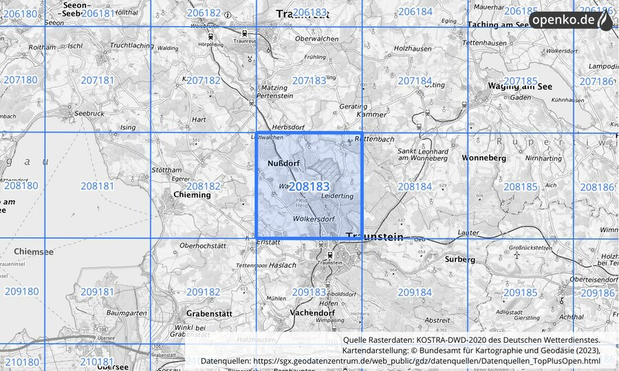 Übersichtskarte des KOSTRA-DWD-2020-Rasterfeldes Nr. 208183