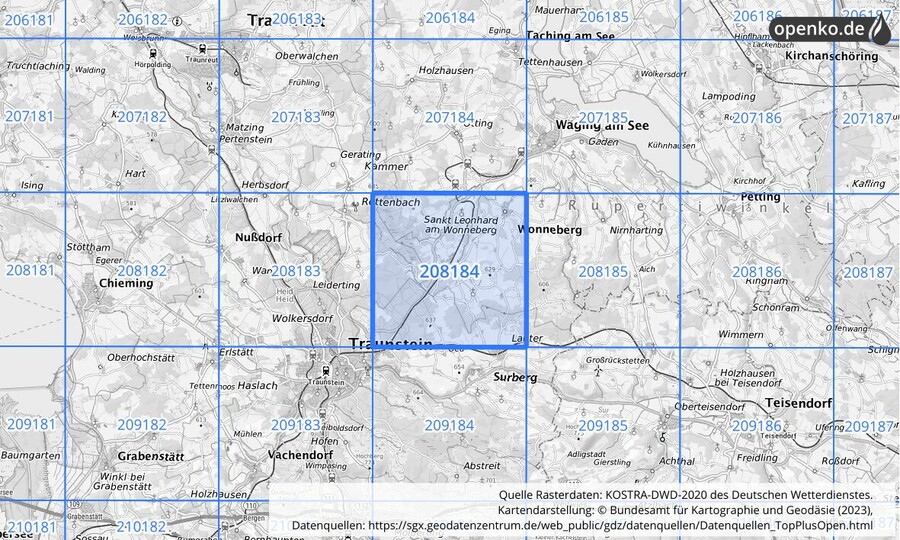 Übersichtskarte des KOSTRA-DWD-2020-Rasterfeldes Nr. 208184