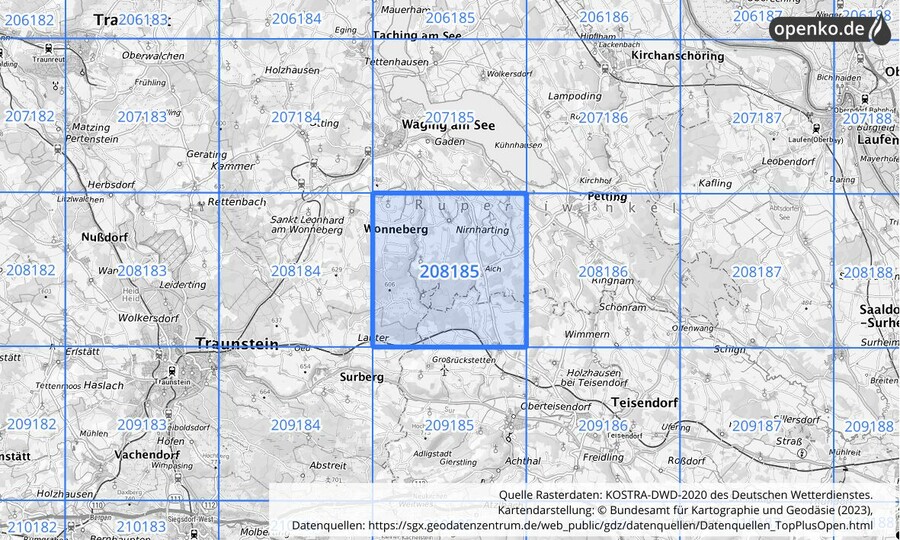 Übersichtskarte des KOSTRA-DWD-2020-Rasterfeldes Nr. 208185