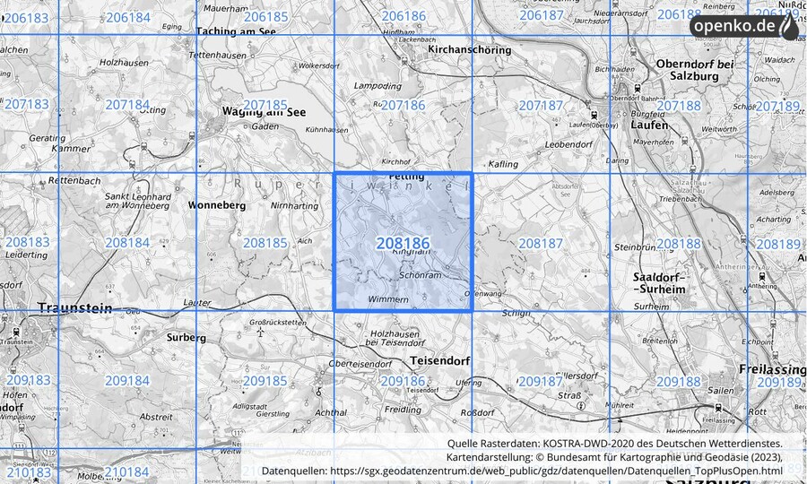 Übersichtskarte des KOSTRA-DWD-2020-Rasterfeldes Nr. 208186