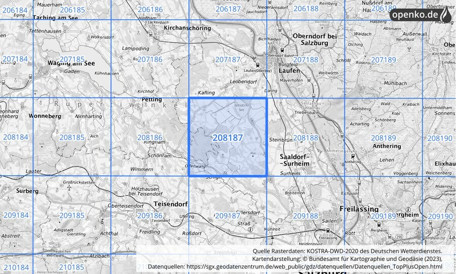 Übersichtskarte des KOSTRA-DWD-2020-Rasterfeldes Nr. 208187