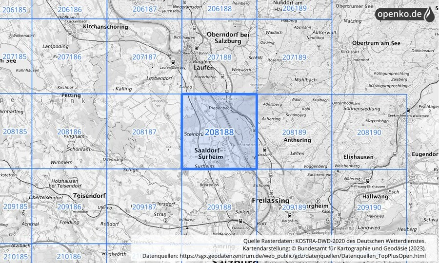 Übersichtskarte des KOSTRA-DWD-2020-Rasterfeldes Nr. 208188