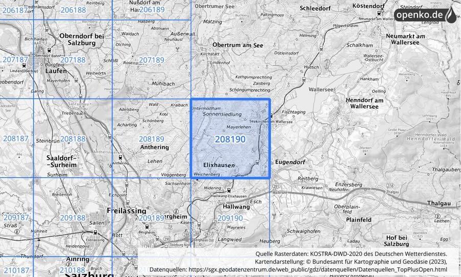 Übersichtskarte des KOSTRA-DWD-2020-Rasterfeldes Nr. 208190