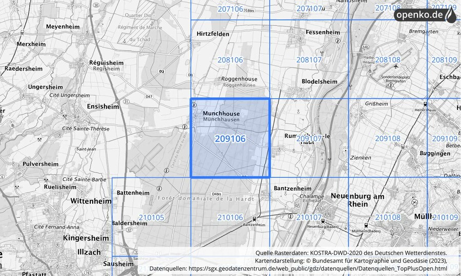 Übersichtskarte des KOSTRA-DWD-2020-Rasterfeldes Nr. 209106