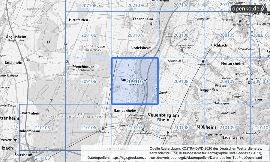 Übersichtskarte des KOSTRA-DWD-2020-Rasterfeldes Nr. 209107
