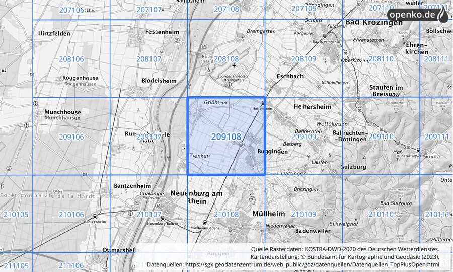 Übersichtskarte des KOSTRA-DWD-2020-Rasterfeldes Nr. 209108