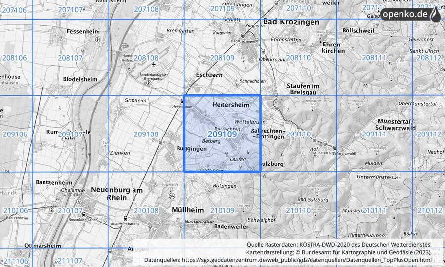 Übersichtskarte des KOSTRA-DWD-2020-Rasterfeldes Nr. 209109