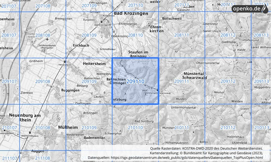 Übersichtskarte des KOSTRA-DWD-2020-Rasterfeldes Nr. 209110