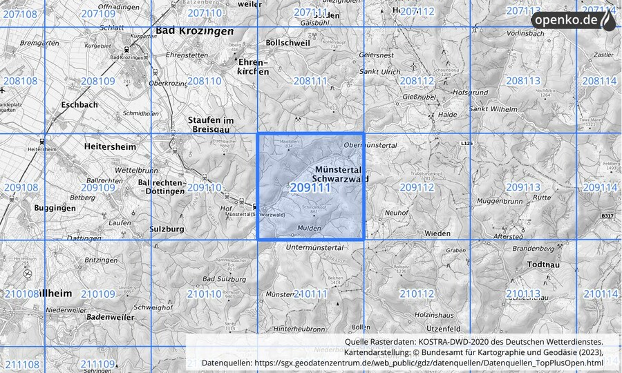 Übersichtskarte des KOSTRA-DWD-2020-Rasterfeldes Nr. 209111