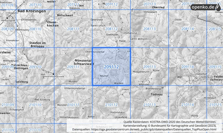 Übersichtskarte des KOSTRA-DWD-2020-Rasterfeldes Nr. 209112