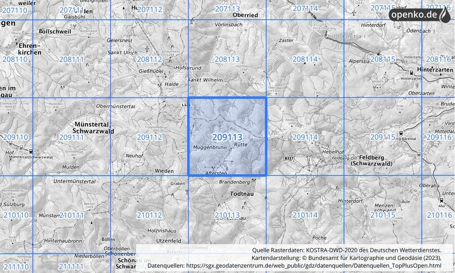 Übersichtskarte des KOSTRA-DWD-2020-Rasterfeldes Nr. 209113