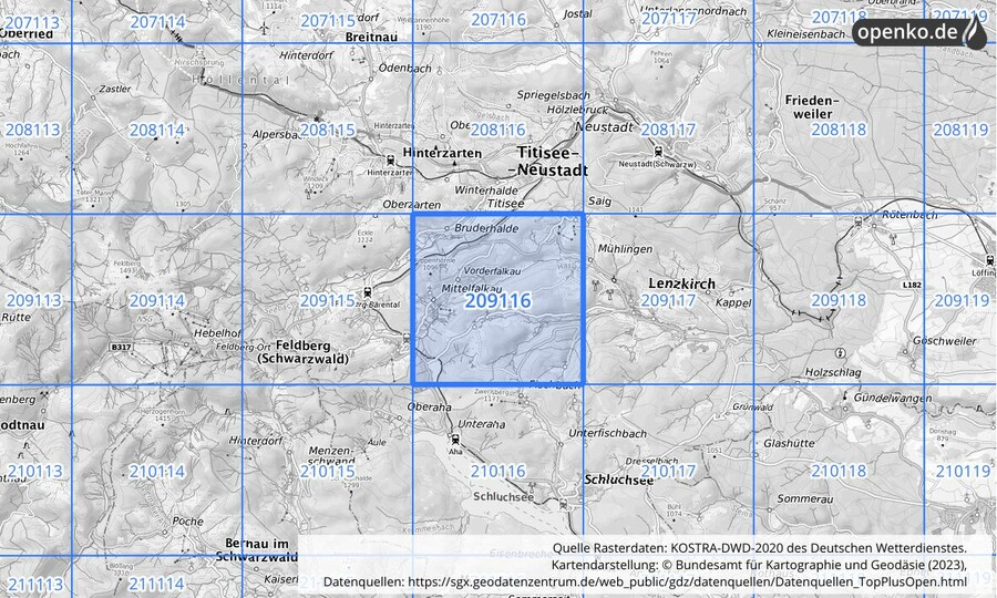 Übersichtskarte des KOSTRA-DWD-2020-Rasterfeldes Nr. 209116