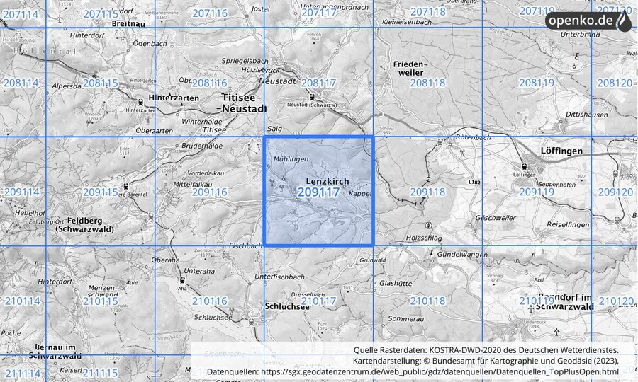 Übersichtskarte des KOSTRA-DWD-2020-Rasterfeldes Nr. 209117