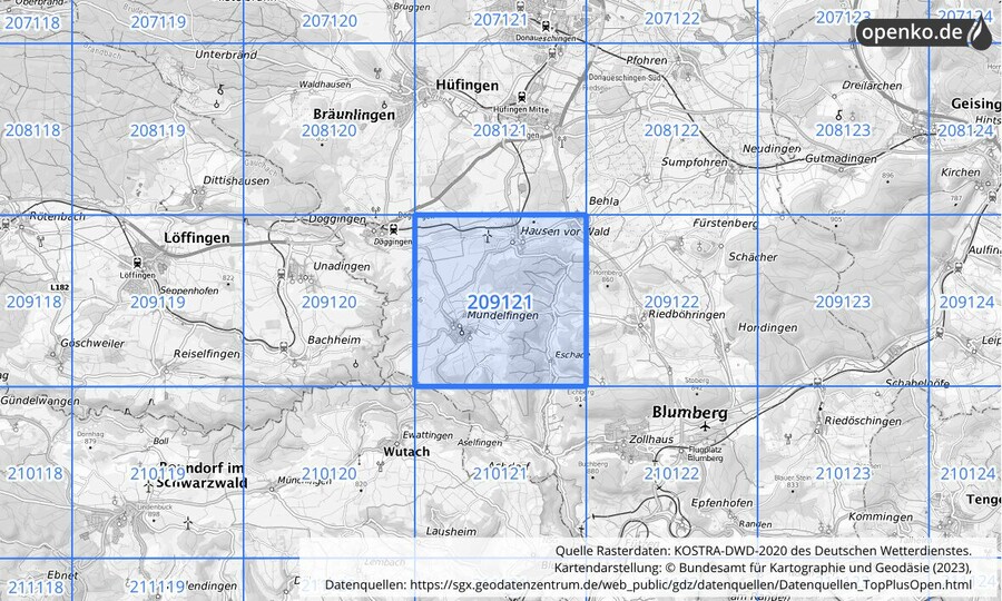 Übersichtskarte des KOSTRA-DWD-2020-Rasterfeldes Nr. 209121