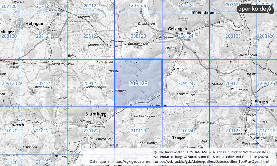 Übersichtskarte des KOSTRA-DWD-2020-Rasterfeldes Nr. 209123