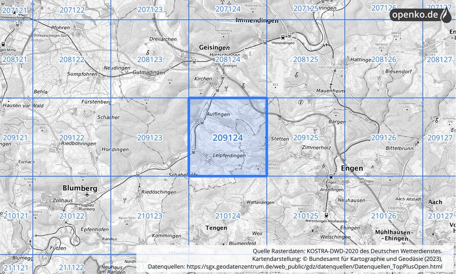 Übersichtskarte des KOSTRA-DWD-2020-Rasterfeldes Nr. 209124