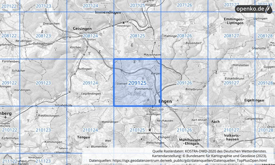 Übersichtskarte des KOSTRA-DWD-2020-Rasterfeldes Nr. 209125