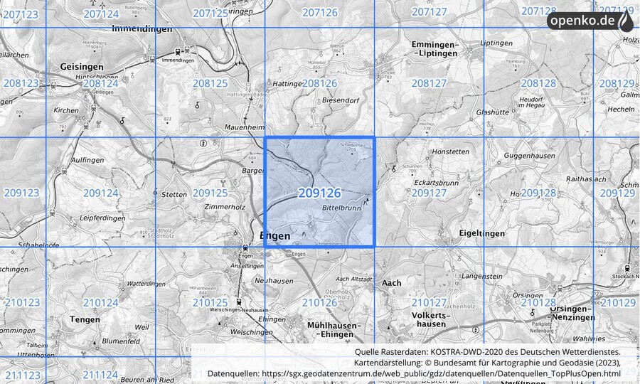 Übersichtskarte des KOSTRA-DWD-2020-Rasterfeldes Nr. 209126