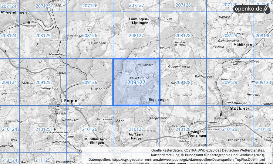 Übersichtskarte des KOSTRA-DWD-2020-Rasterfeldes Nr. 209127