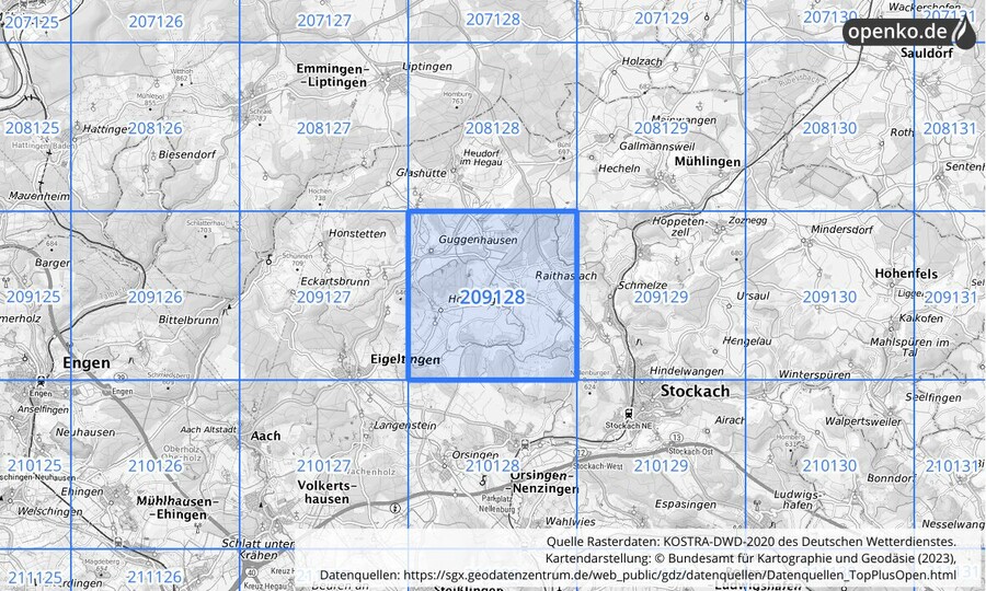 Übersichtskarte des KOSTRA-DWD-2020-Rasterfeldes Nr. 209128