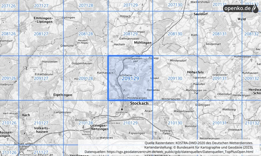 Übersichtskarte des KOSTRA-DWD-2020-Rasterfeldes Nr. 209129