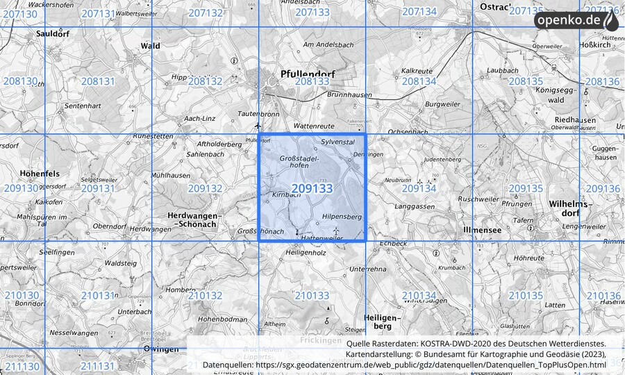 Übersichtskarte des KOSTRA-DWD-2020-Rasterfeldes Nr. 209133