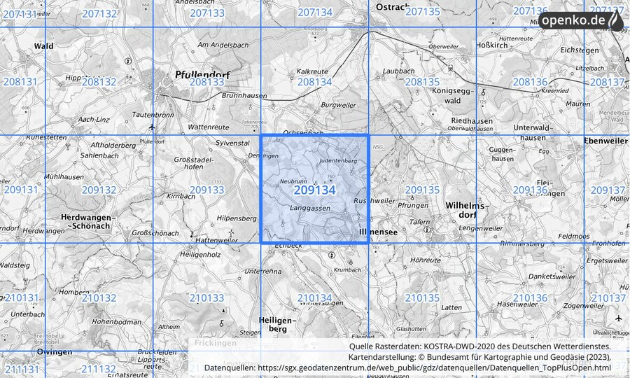 Übersichtskarte des KOSTRA-DWD-2020-Rasterfeldes Nr. 209134