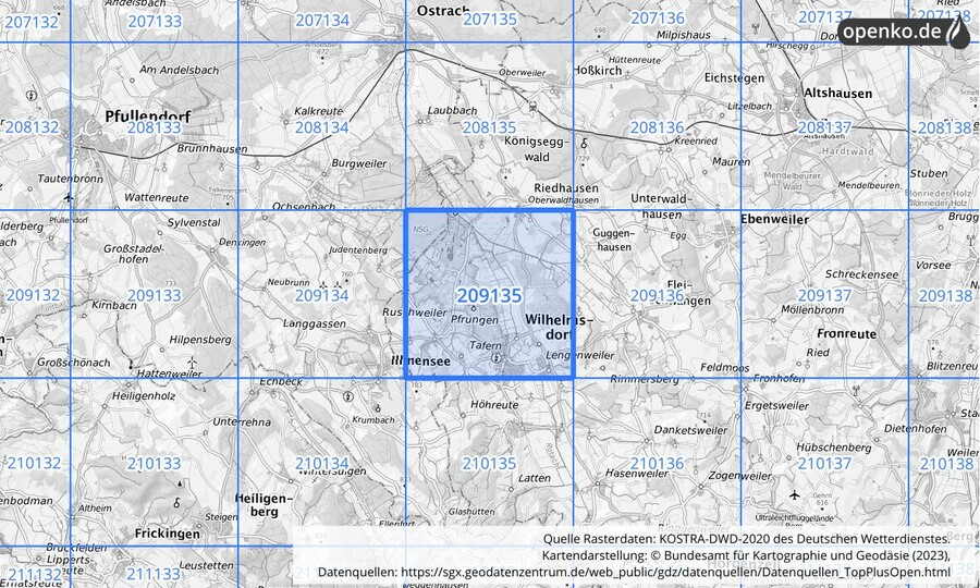 Übersichtskarte des KOSTRA-DWD-2020-Rasterfeldes Nr. 209135