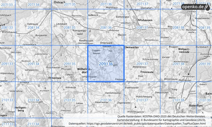 Übersichtskarte des KOSTRA-DWD-2020-Rasterfeldes Nr. 209136