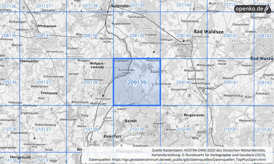 Übersichtskarte des KOSTRA-DWD-2020-Rasterfeldes Nr. 209139