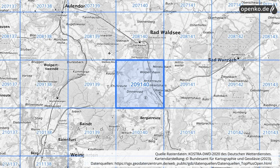 Übersichtskarte des KOSTRA-DWD-2020-Rasterfeldes Nr. 209140